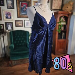 Vintage 80s Inner Most Navy Blue Satin Nightgown Floral Slip Dress